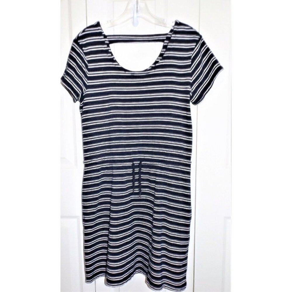 T By Talbots M Navy Striped Short Sleeve Dress Drawstring Waist CARE TAG MISSING